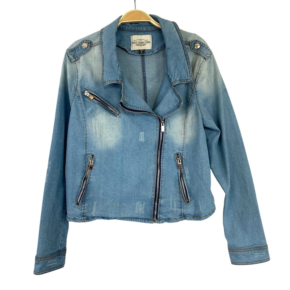 Ashley Vintage Charm Bikercore Moto Denim Jacket Women L Blue Y2K Grunge